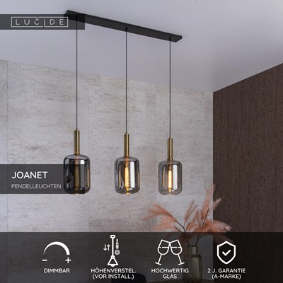 Lucide JOANET - Pendelleuchten - 3xE27 - Rauchfarbe Grau